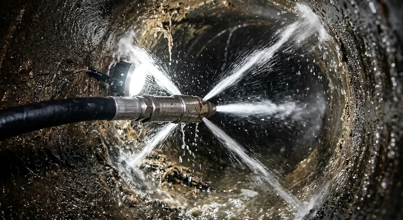 High-pressure hydro jetting nozzle cleaning sewer pipe for Emergency Drain Service in Ottawa
