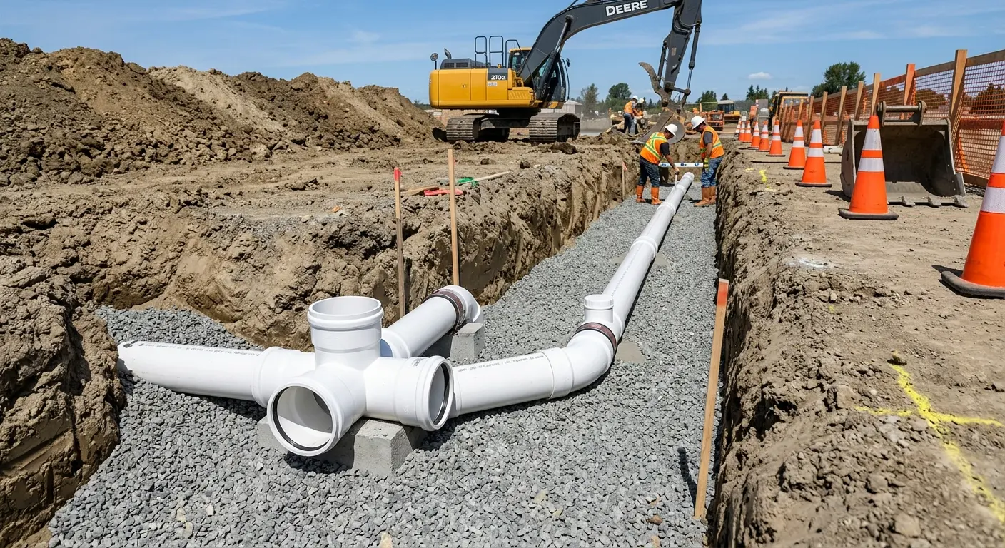 New PVC sewer pipe installation in open trench for Commercial Drain Cleaning in Ottawa